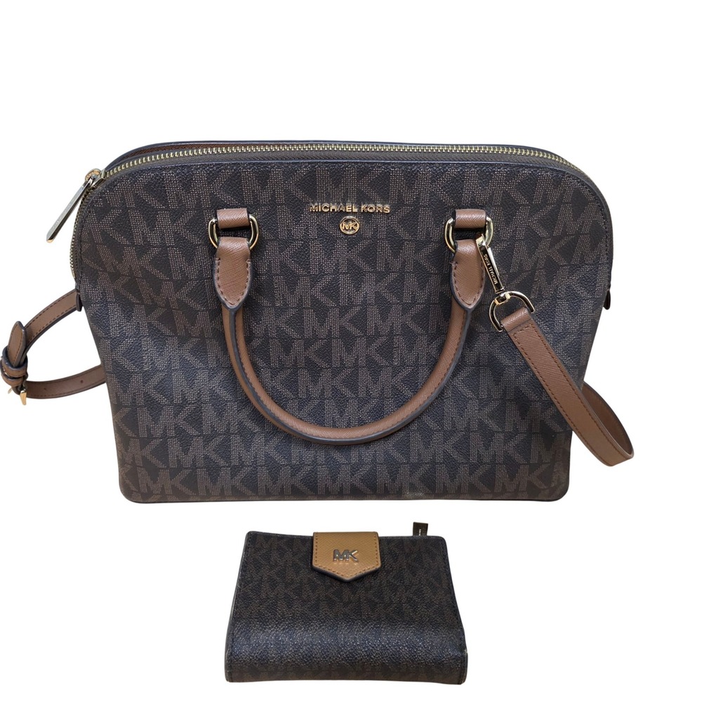 Michael Kors Signature Monogram Satchel Handbag & Wallet Set Brown